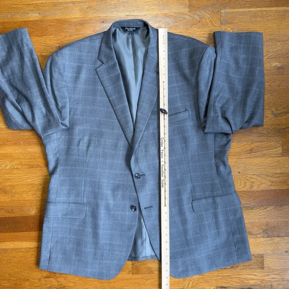 Jos A Bank Mens Suit 50R 45x30 Grey Windowpane Two Button Wool Tailored Fit